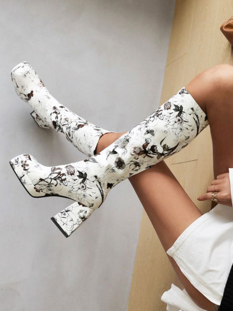 Bottes Hautes À Plateforme Et Talon Bloc Imprimé Floral Pour Femmes - Blanc