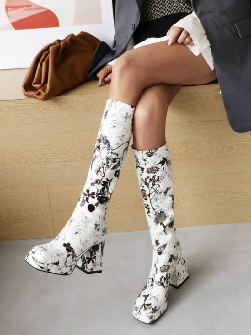 Bottes Hautes À Plateforme Et Talon Bloc Imprimé Floral Pour Femmes - Blanc