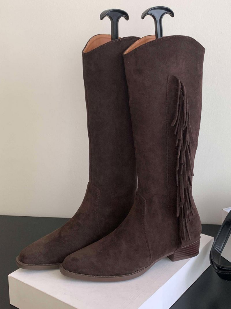 Bottes Hautes Plates Daim À Bout Rond Pour Femmes Avec Pompons - Brun Foncé