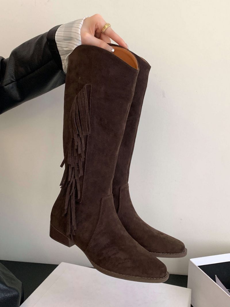 Bottes Hautes Plates Daim À Bout Rond Pour Femmes Avec Pompons - Brun Foncé