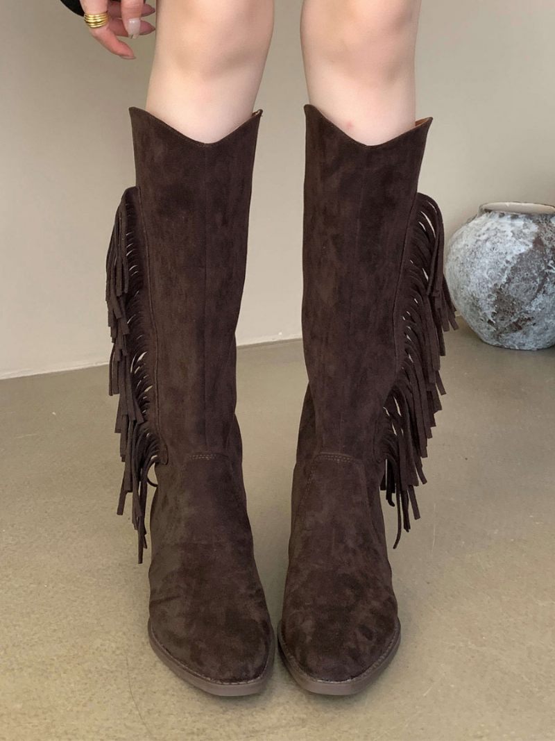 Bottes Hautes Plates Daim À Bout Rond Pour Femmes Avec Pompons - Brun Foncé