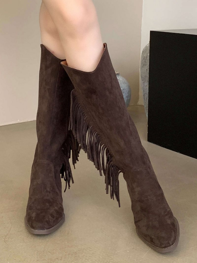 Bottes Hautes Plates Daim À Bout Rond Pour Femmes Avec Pompons - Brun Foncé