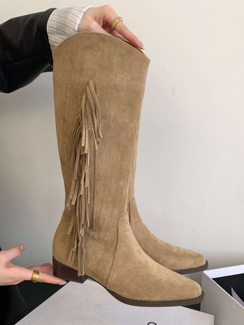 Bottes Hautes Plates Daim À Bout Rond Pour Femmes Avec Pompons - Kaki