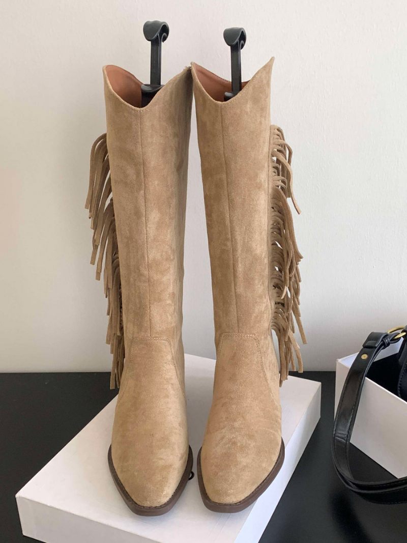 Bottes Hautes Plates Daim À Bout Rond Pour Femmes Avec Pompons - Kaki