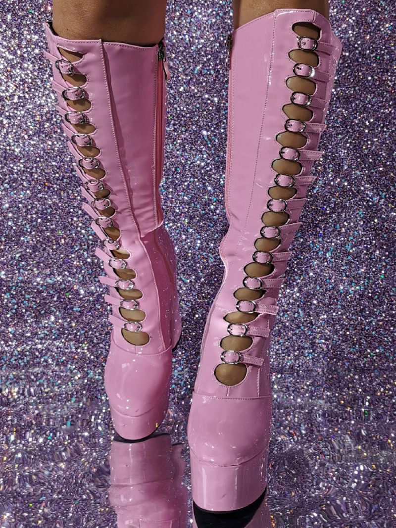 Bottes Hautes Roses Pour Femmes Sexy Pu Verni À Plateforme Supérieure Avec Talon Épais Et Boucle - Rose