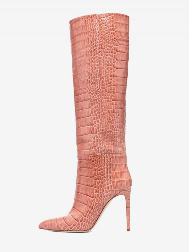 Bottes Hautes Roses Pour Femmes À Talons Hauts Bout Pointu Et Motif Croco - Rose