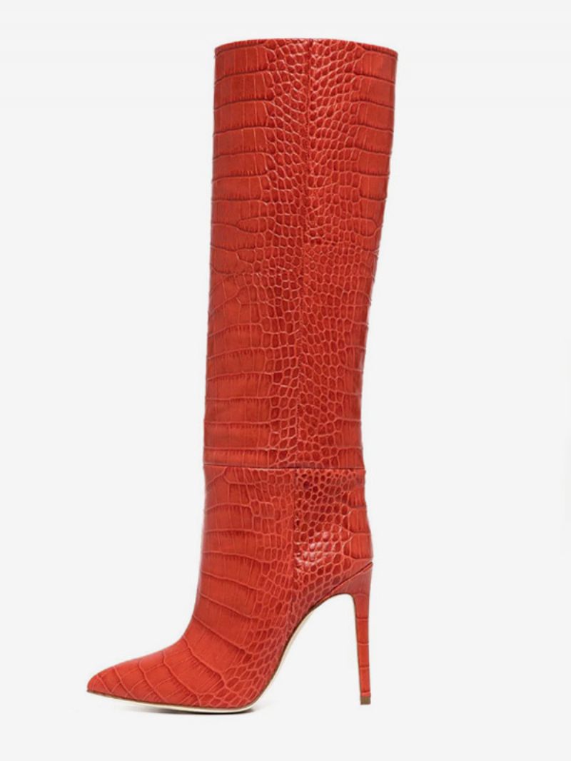 Bottes Hautes Roses Pour Femmes À Talons Hauts Bout Pointu Et Motif Croco - Rouge Ture