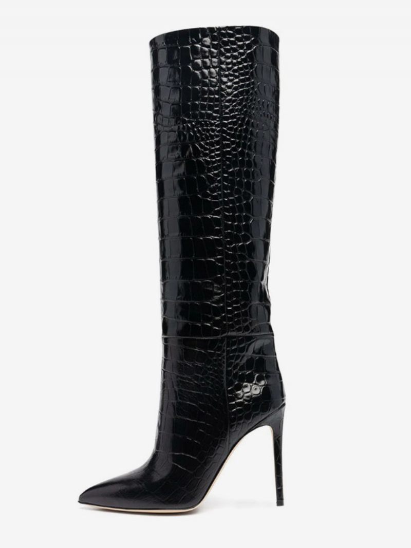 Bottes Hautes Roses Pour Femmes À Talons Hauts Bout Pointu Et Motif Croco - Noir