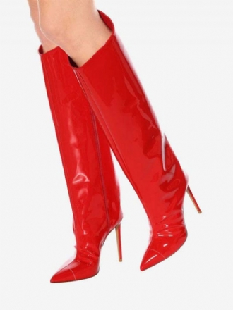 Bottes Hautes Rouges À Bout Pointu Cuir Brillant Talon Aiguille Au Genou Pour Femmes