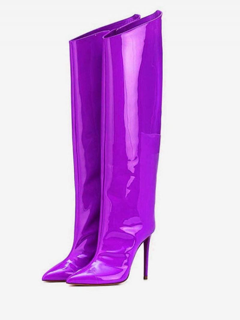 Bottes Hautes Rouges À Bout Pointu Cuir Brillant Talon Aiguille Au Genou Pour Femmes - Violet