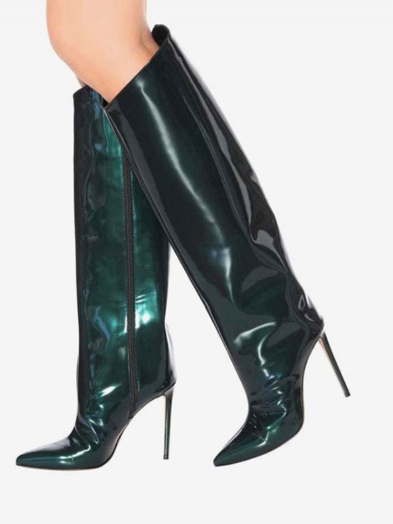 Bottes Hautes Rouges À Bout Pointu Cuir Brillant Talon Aiguille Au Genou Pour Femmes - Vert Foncé