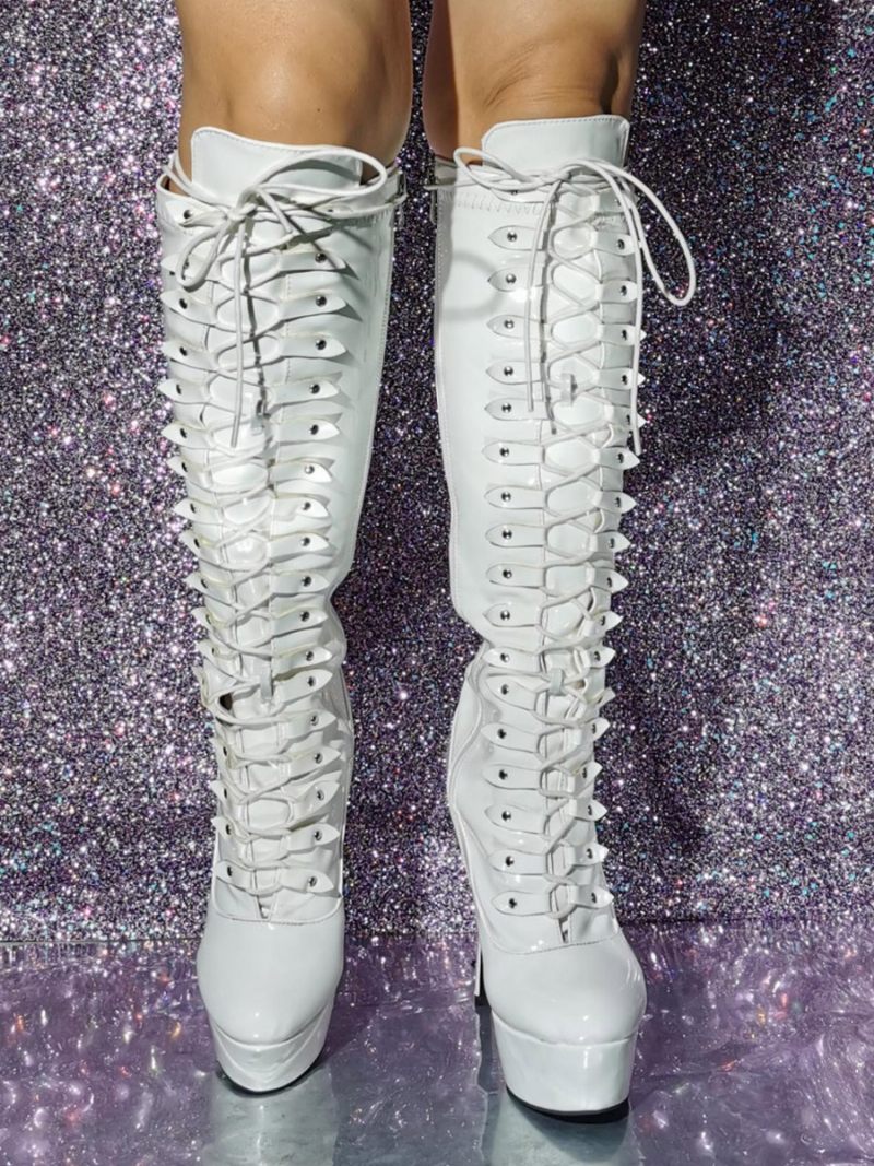 Bottes Hautes Sexy À Talons Hauts Et Lacets Pour Femmes - Blanc