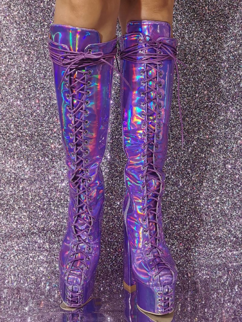 Bottes Hautes À Talons Épais Et Plateforme Sexy Pour Femmes Lacets Métalliques - Violet