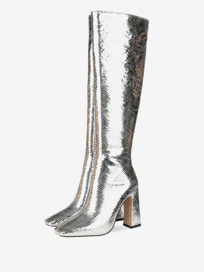 Bottes À Hauteur Genou Argentées Bout Carré Imprimé Serpent Talon Épais Cuir Brillant Longueur Aux Genoux Talons Hauts Pour Femmes