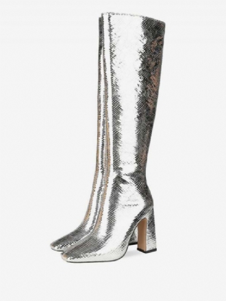 Bottes À Hauteur Genou Argentées Bout Carré Imprimé Serpent Talon Épais Cuir Brillant Longueur Aux Genoux Talons Hauts Pour Femmes