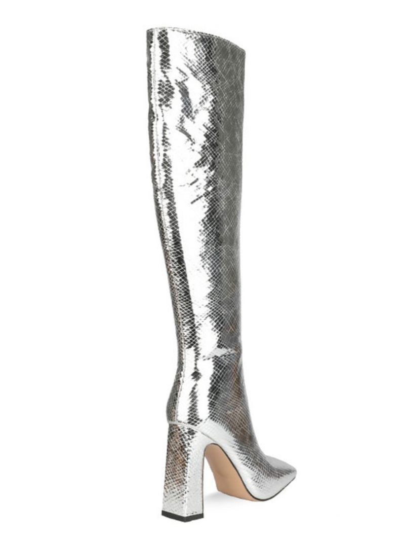 Bottes À Hauteur Genou Argentées Bout Carré Imprimé Serpent Talon Épais Cuir Brillant Longueur Aux Genoux Talons Hauts Pour Femmes - Argent