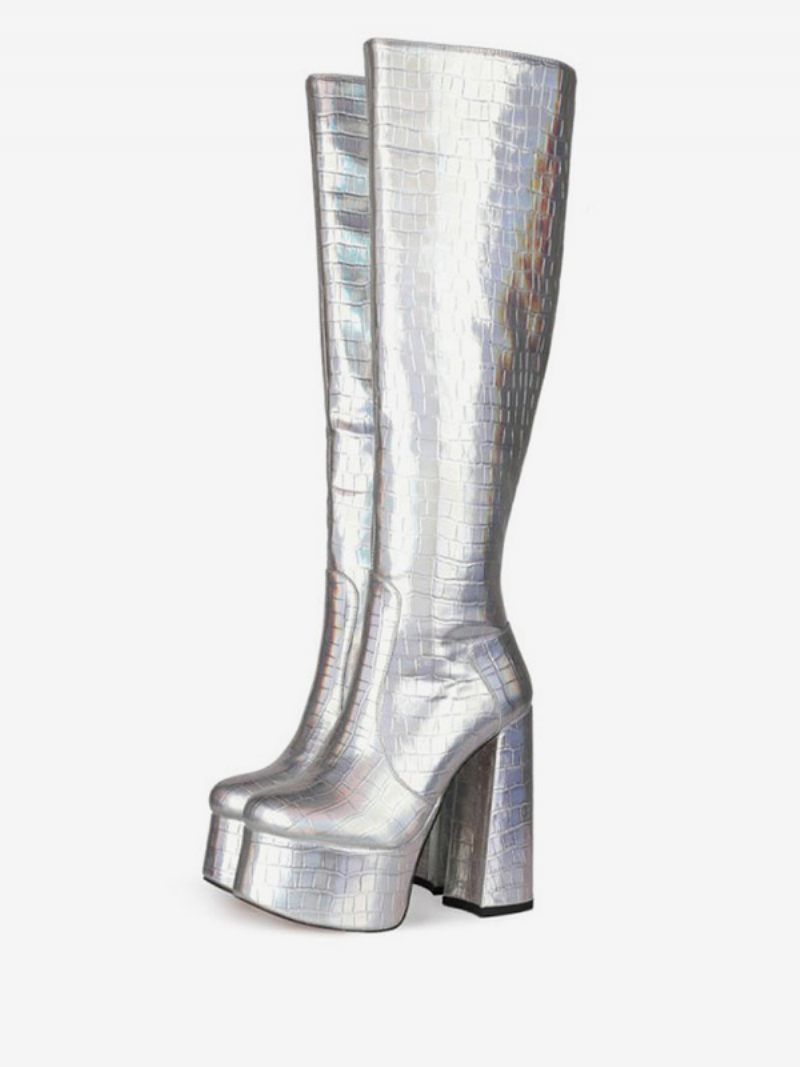 Bottes À Hauteur Genou Cuir Argenté Bout Rond Brillant Talon Épais Éblouissantes Longueur Aux Genoux Pour Femmes