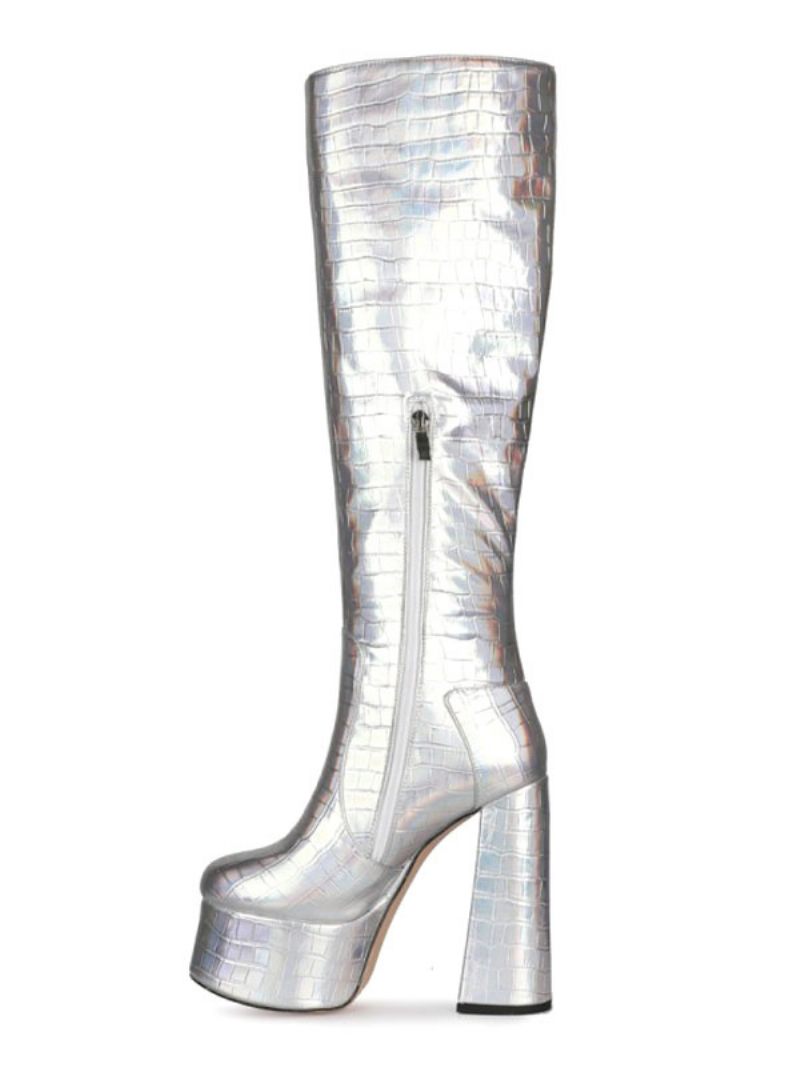 Bottes À Hauteur Genou Cuir Argenté Bout Rond Brillant Talon Épais Éblouissantes Longueur Aux Genoux Pour Femmes - Argent