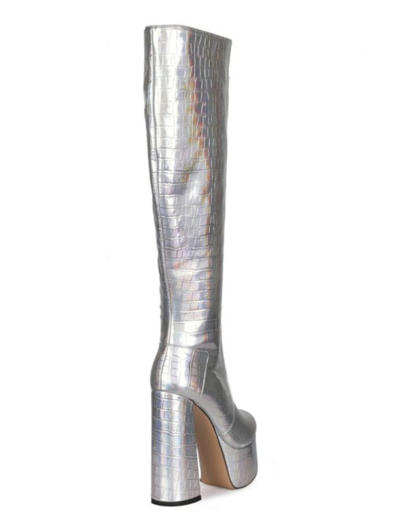 Bottes À Hauteur Genou Cuir Argenté Bout Rond Brillant Talon Épais Éblouissantes Longueur Aux Genoux Pour Femmes - Argent