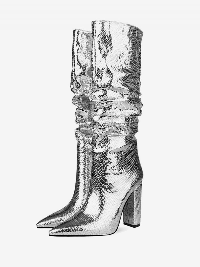 Bottes Hauteur Genou Cuir Brillant À Talon Épais Peau Serpent Pour Femme Blond - Argent