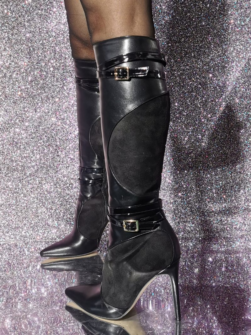 Bottes Hauteur Genou Cuir Pu À Talon Aiguille Pour Femmes - Noir