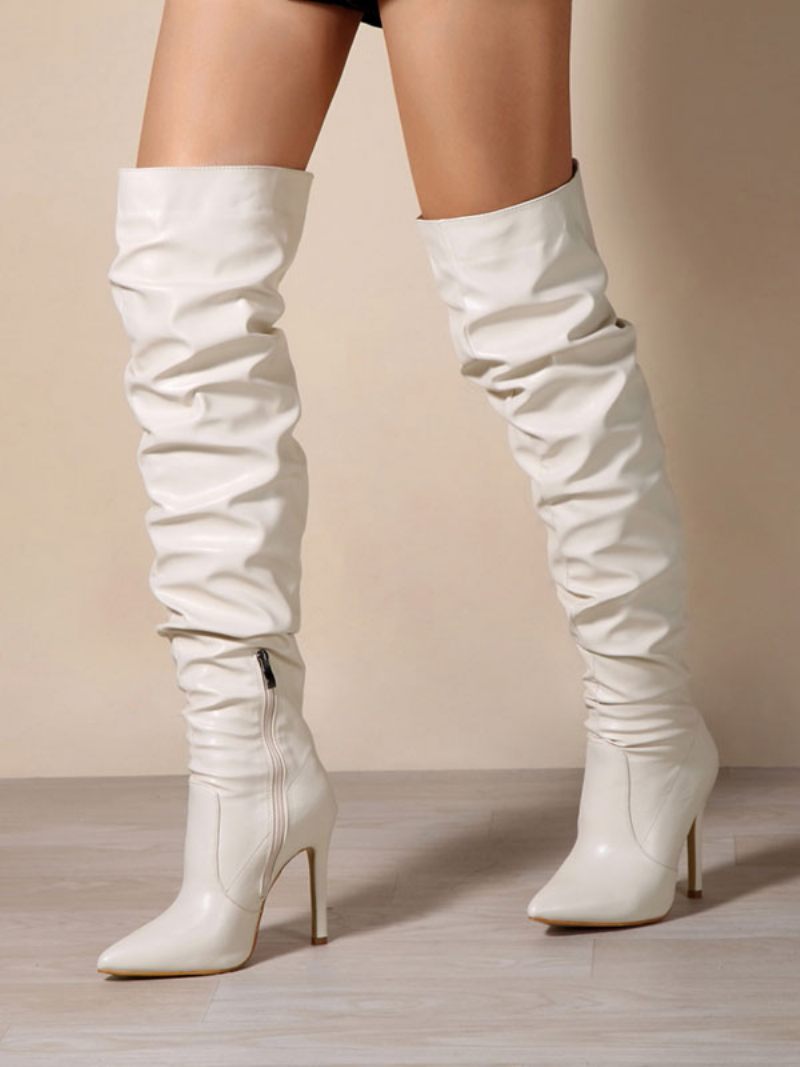 Bottes Hauteur Genou Cuir Pu À Talon Aiguille Pour Femmes - Blanc