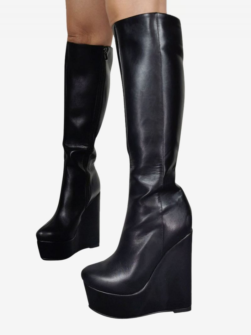 Bottes Hauteur Genou Cuir Pu À Talon Compensé Pour Femmes - Noir