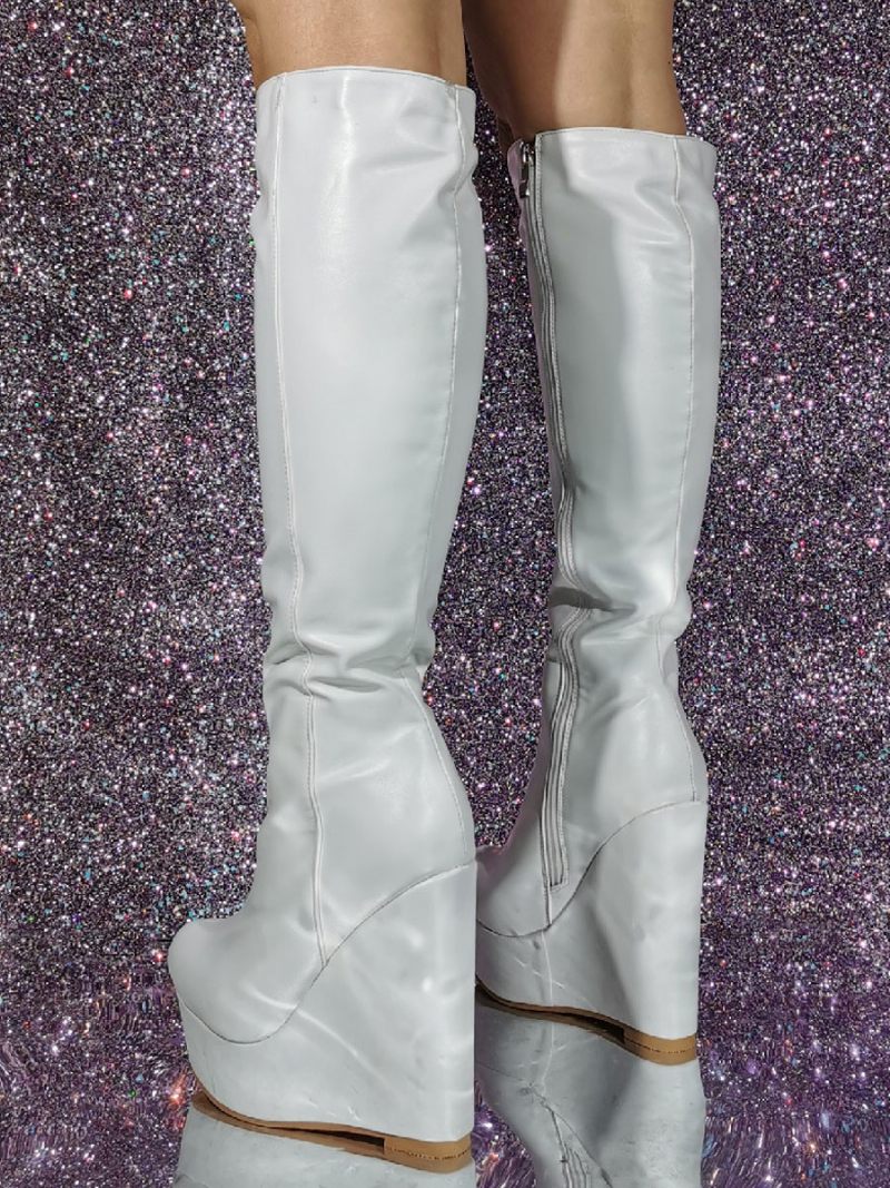 Bottes Hauteur Genou Cuir Pu À Talon Compensé Pour Femmes - Blanc