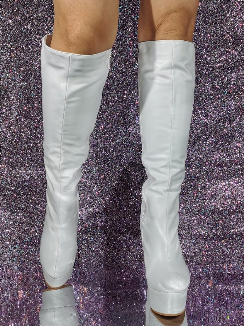 Bottes Hauteur Genou Cuir Pu À Talon Compensé Pour Femmes - Blanc