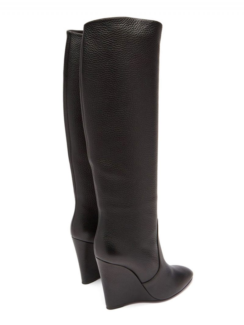 Bottes Hauteur Genou Cuir Pu À Talon Compensé Pour Femmes - Noir