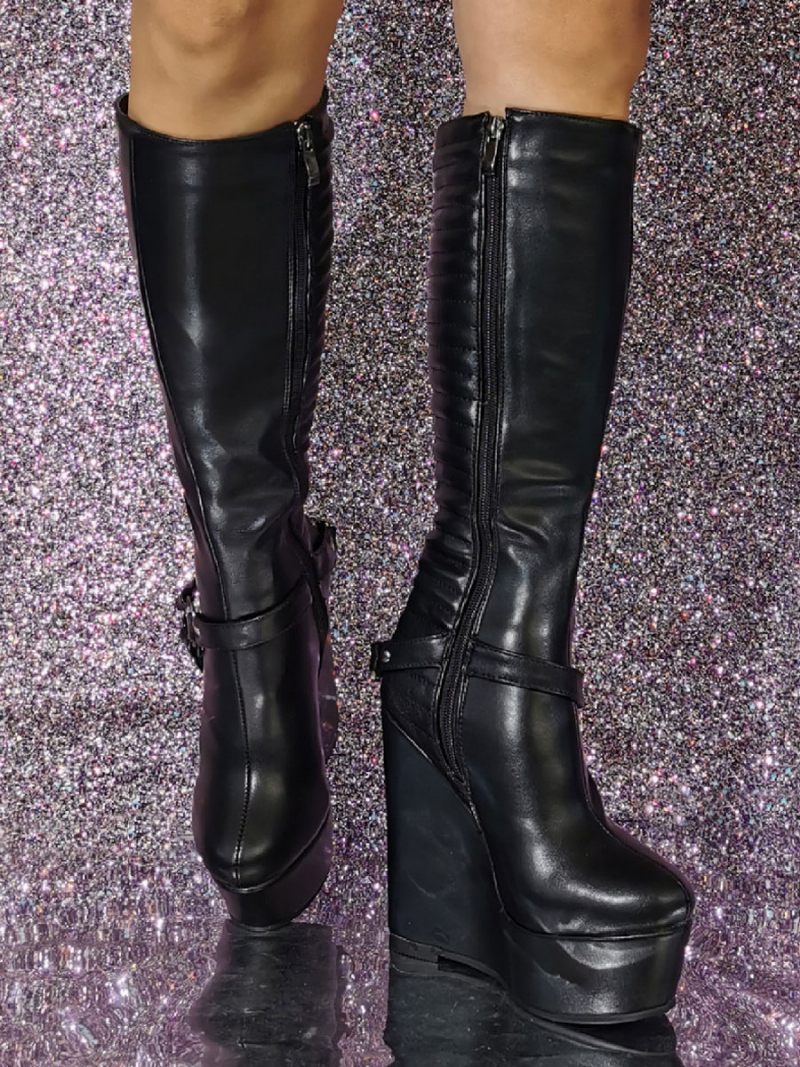 Bottes Hauteur Genou Cuir Pu À Talon Compensé Pour Femmes - Noir