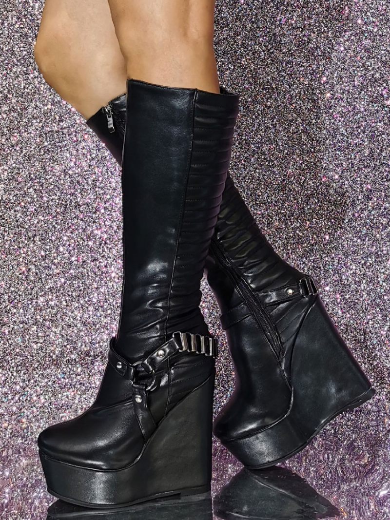 Bottes Hauteur Genou Cuir Pu À Talon Compensé Pour Femmes - Noir