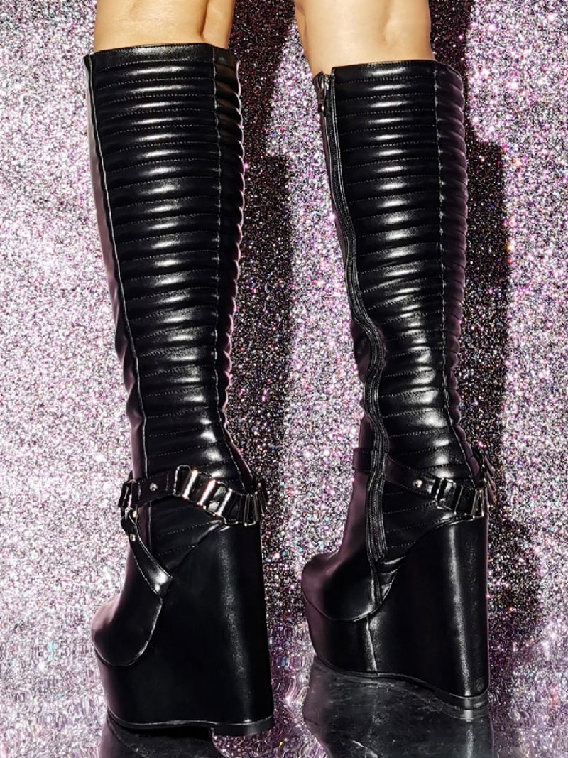 Bottes Hauteur Genou Cuir Pu À Talon Compensé Pour Femmes - Noir