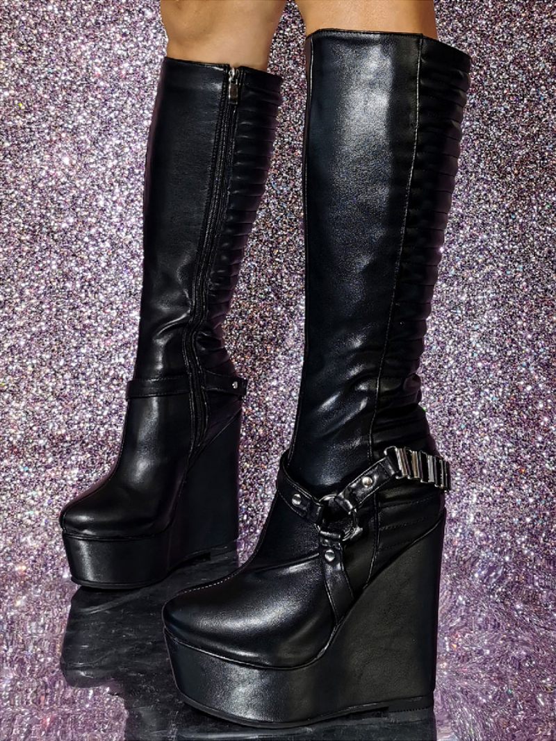 Bottes Hauteur Genou Cuir Pu À Talon Compensé Pour Femmes - Noir