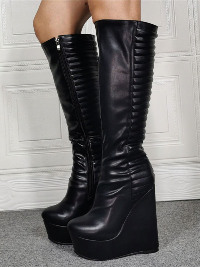 Bottes Hauteur Genou Cuir Pu À Talon Compensé Pour Femmes - Noir