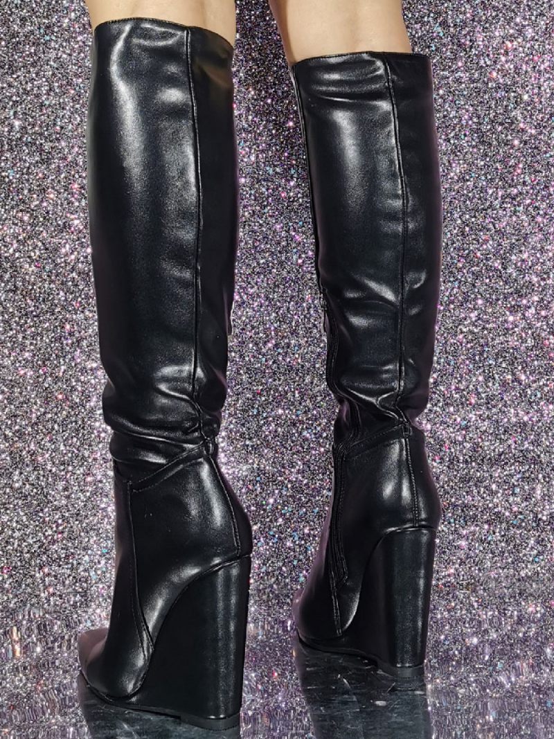 Bottes Hauteur Genou Cuir Pu À Talon Compensé Pour Femmes - Noir