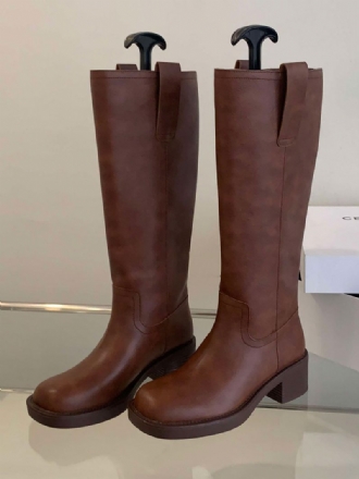 Bottes Hauteur Genou Cuir Pu À Talons Épais Pour Femmes