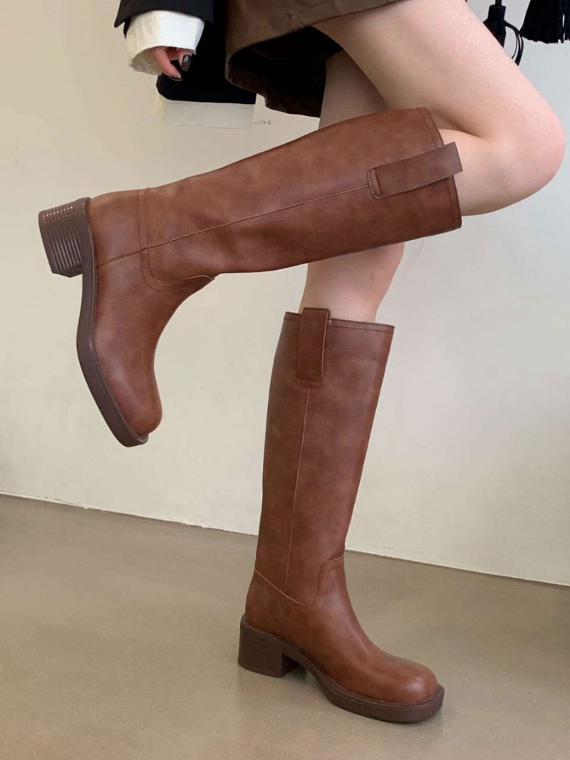 Bottes Hauteur Genou Cuir Pu À Talons Épais Pour Femmes - Marron Café