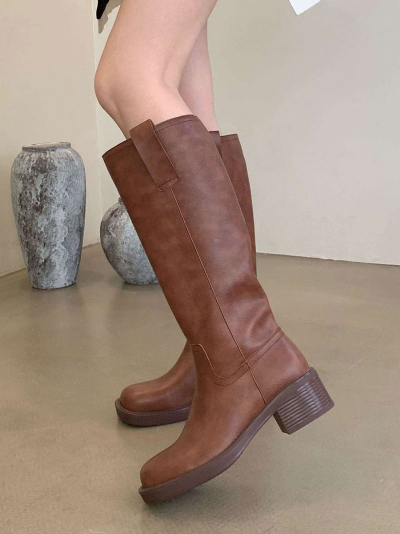 Bottes Hauteur Genou Cuir Pu À Talons Épais Pour Femmes - Marron Café