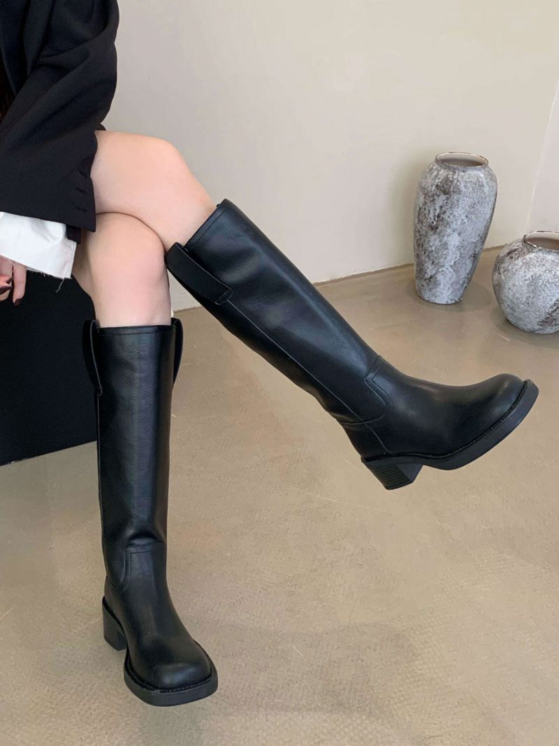 Bottes Hauteur Genou Cuir Pu À Talons Épais Pour Femmes - Noir