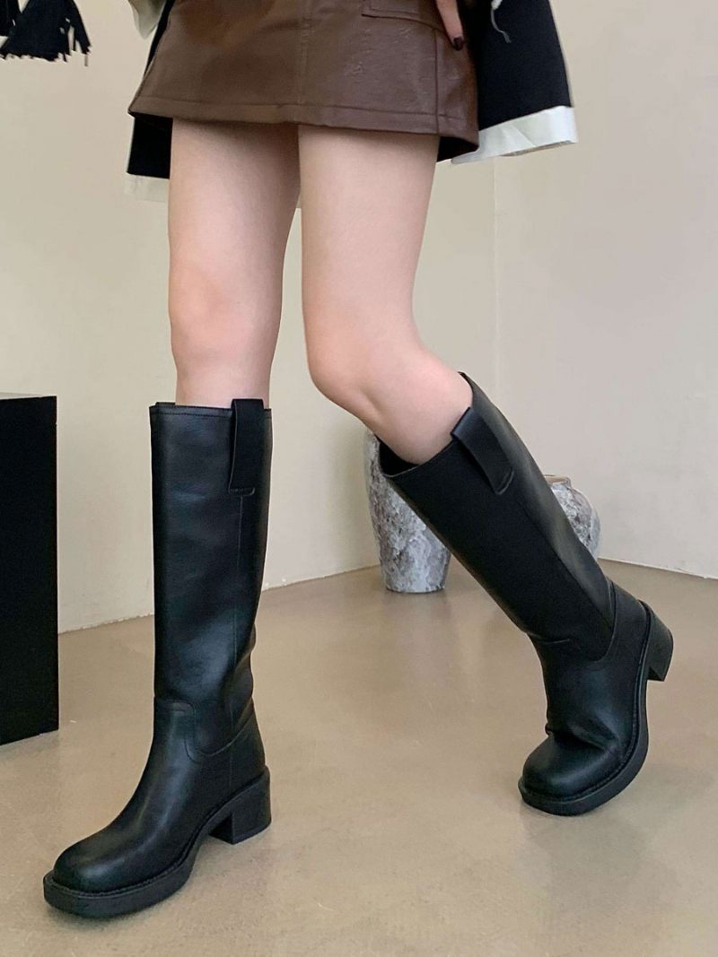 Bottes Hauteur Genou Cuir Pu À Talons Épais Pour Femmes - Noir