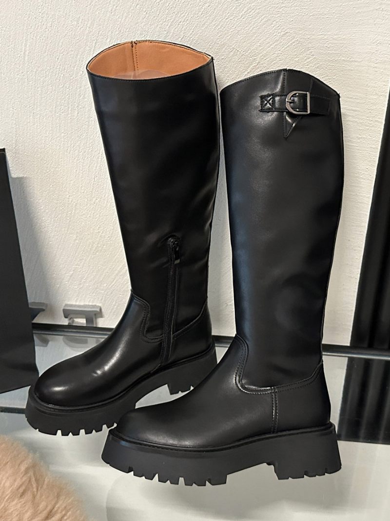 Bottes Hauteur Genou Cuir Pu À Talons Épais Pour Femmes - Noir