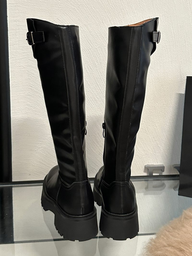 Bottes Hauteur Genou Cuir Pu À Talons Épais Pour Femmes - Noir