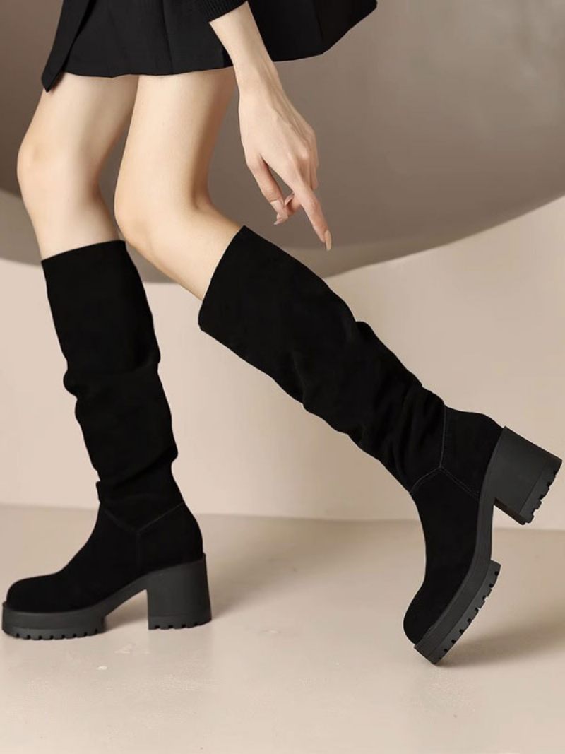 Bottes Hauteur Genou Cuir Suédé À Talons Épais Pour Femmes - Noir