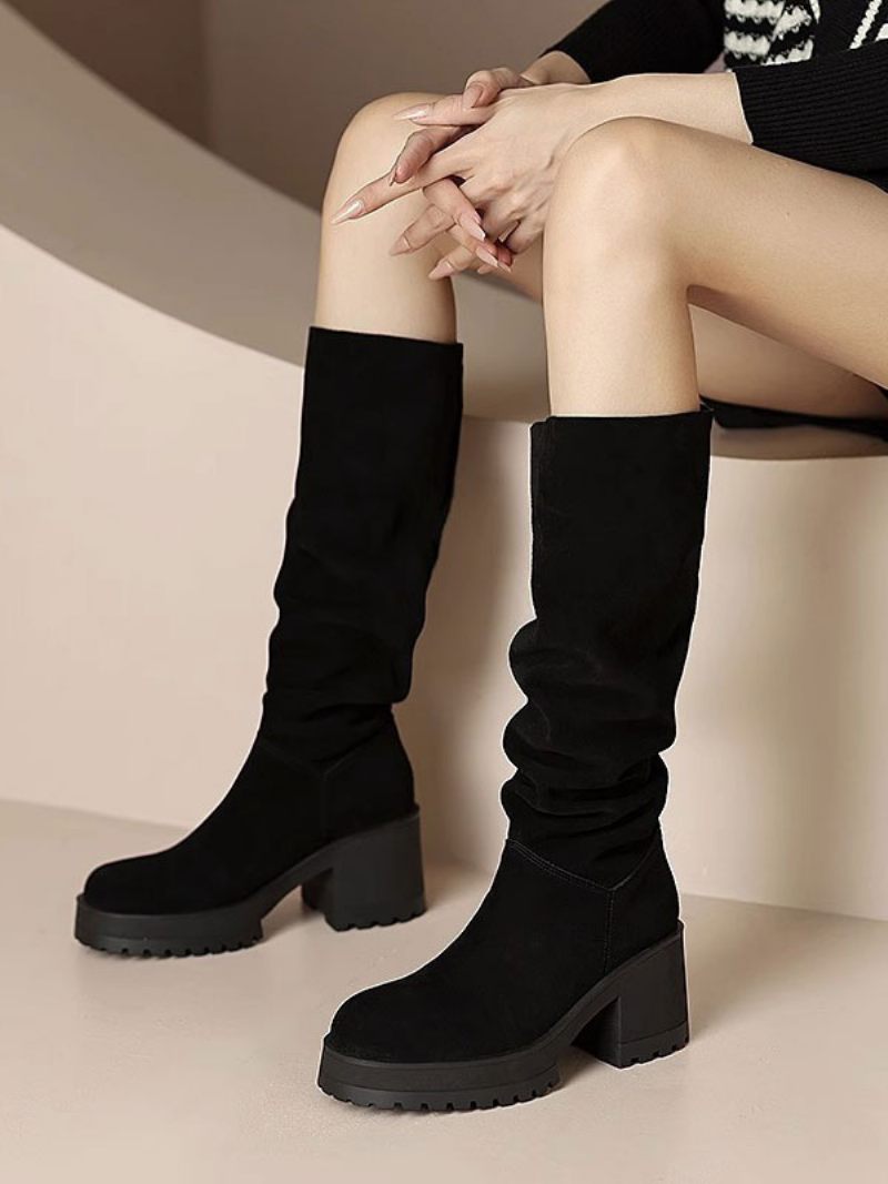 Bottes Hauteur Genou Cuir Suédé À Talons Épais Pour Femmes - Noir