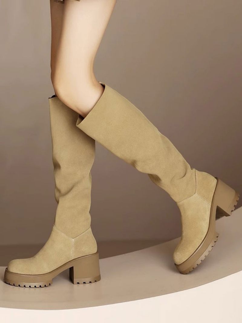 Bottes Hauteur Genou Cuir Suédé À Talons Épais Pour Femmes - Kaki