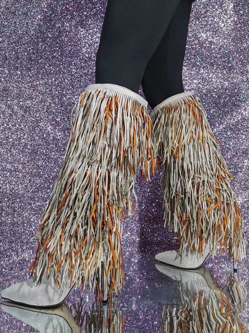 Bottes Hauteur Genou Daim À Talons Hauts Pour Femmes Avec Pompons - Jaune Clair Clair