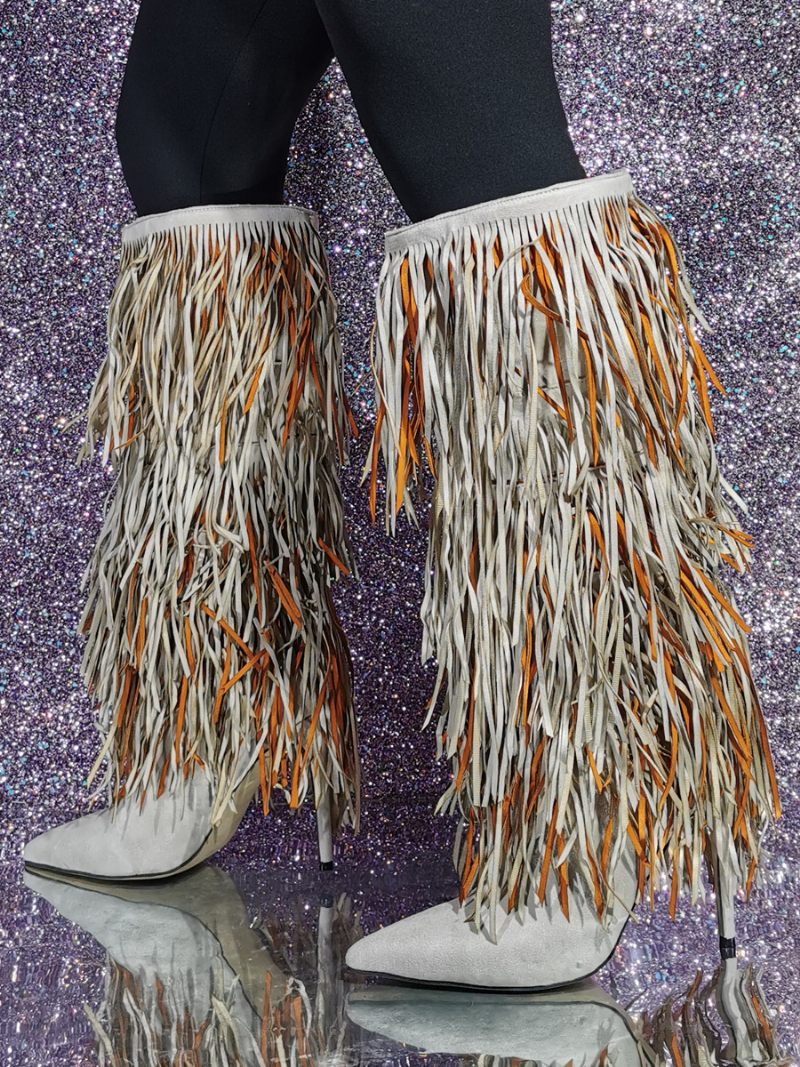 Bottes Hauteur Genou Daim À Talons Hauts Pour Femmes Avec Pompons - Jaune Clair Clair