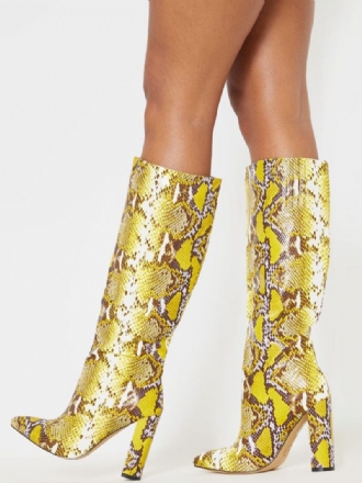 Bottes Hauteur Genou Python À Gros Talons Pour Femmes Jaune