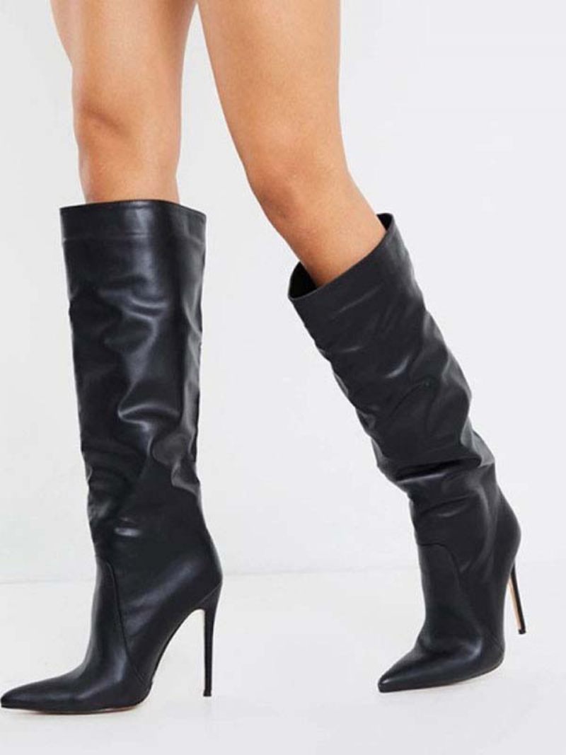 Bottes Hauteur Genou À Talon Aiguille Et Bout Pointu Pour Femme Cuir Noir Brillant